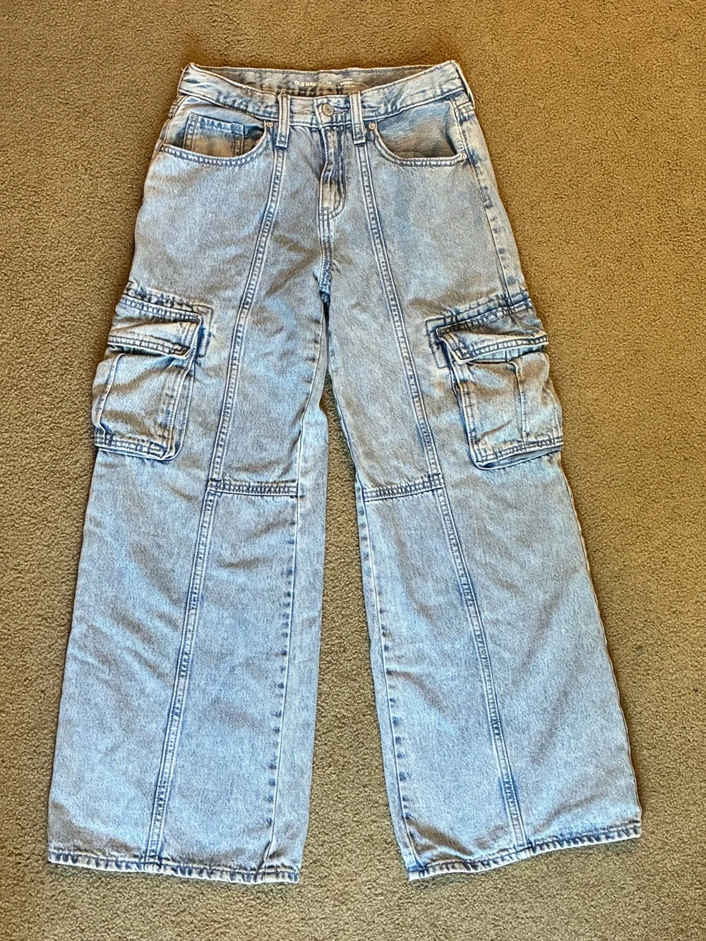 Old Navy Girls Wide Leg Light Blue Denim Jeans Size 14 Pants With Cargo Pockets